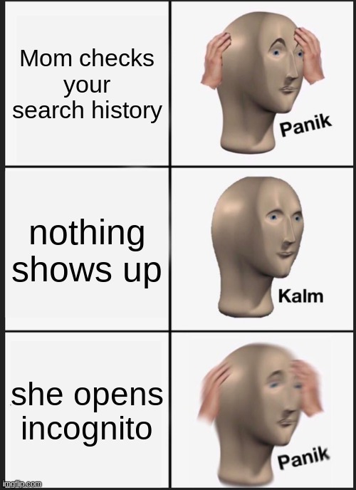 Panik Kalm Panik Meme | Mom checks your search history; nothing shows up; she opens incognito | image tagged in memes,panik kalm panik | made w/ Imgflip meme maker