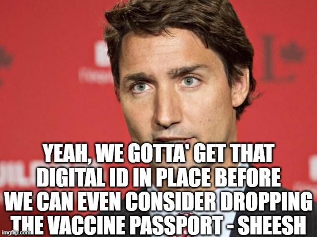 Trudeau | YEAH, WE GOTTA' GET THAT DIGITAL ID IN PLACE BEFORE WE CAN EVEN CONSIDER DROPPING THE VACCINE PASSPORT - SHEESH | image tagged in trudeau | made w/ Imgflip meme maker