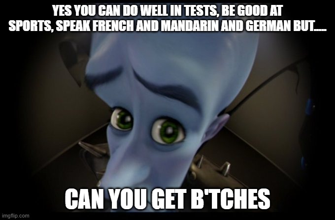 Megamind Peeking | YES YOU CAN DO WELL IN TESTS, BE GOOD AT SPORTS, SPEAK FRENCH AND MANDARIN AND GERMAN BUT..... CAN YOU GET B'TCHES | image tagged in megamind peeking | made w/ Imgflip meme maker