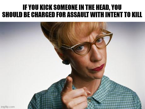 kick | IF YOU KICK SOMEONE IN THE HEAD, YOU SHOULD BE CHARGED FOR ASSAULT WITH INTENT TO KILL | image tagged in woman finger pointing | made w/ Imgflip meme maker