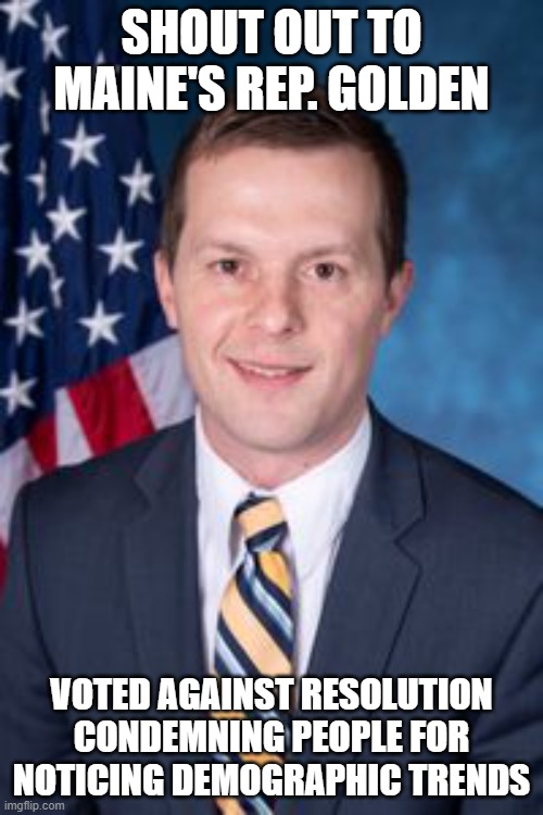 Thanks Jared | SHOUT OUT TO MAINE'S REP. GOLDEN; VOTED AGAINST RESOLUTION CONDEMNING PEOPLE FOR NOTICING DEMOGRAPHIC TRENDS | image tagged in memes | made w/ Imgflip meme maker