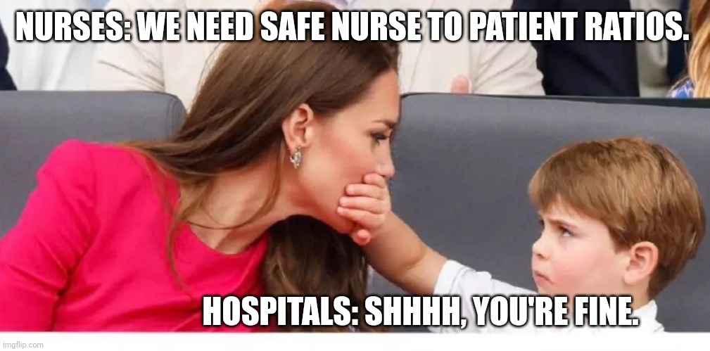 Nurse to patient ratios | NURSES: WE NEED SAFE NURSE TO PATIENT RATIOS. HOSPITALS: SHHHH, YOU'RE FINE. | image tagged in nurses | made w/ Imgflip meme maker