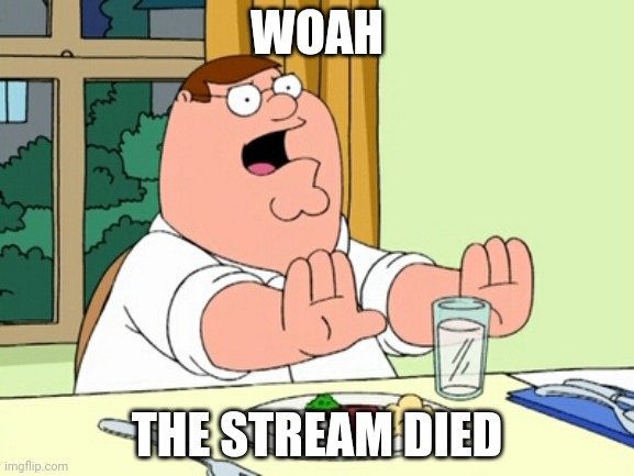 Peter Griffin WOAH | WOAH; THE STREAM DIED | image tagged in peter griffin woah | made w/ Imgflip meme maker