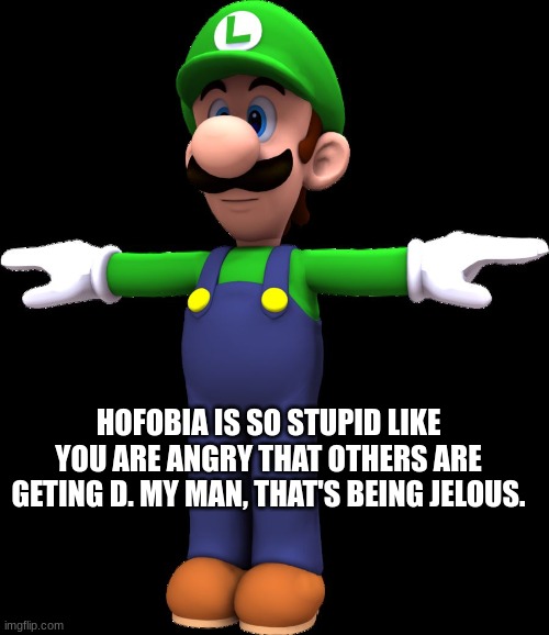 Luigi T Pose | HOFOBIA IS SO STUPID LIKE YOU ARE ANGRY THAT OTHERS ARE GETING D. MY MAN, THAT'S BEING JELOUS. | image tagged in luigi t pose | made w/ Imgflip meme maker
