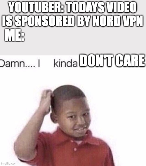 I don't care | YOUTUBER: TODAYS VIDEO IS SPONSORED BY NORD VPN; ME:; DON'T CARE | image tagged in damn i kinda don t meme | made w/ Imgflip meme maker
