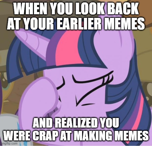 Mlp Twilight Sparkle facehoof | WHEN YOU LOOK BACK AT YOUR EARLIER MEMES; AND REALIZED YOU WERE CRAP AT MAKING MEMES | image tagged in mlp twilight sparkle facehoof,mlp,fun,funny memes,memes | made w/ Imgflip meme maker