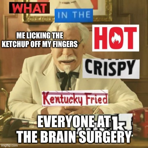 What in the hot crispy kentucky fried frick | ME LICKING THE KETCHUP OFF MY FINGERS; EVERYONE AT THE BRAIN SURGERY | image tagged in what in the hot crispy kentucky fried frick | made w/ Imgflip meme maker