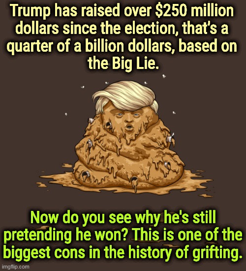 The Big Ripoff | Trump has raised over $250 million 
dollars since the election, that's a 
quarter of a billion dollars, based on 
the Big Lie. Now do you see why he's still pretending he won? This is one of the biggest cons in the history of grifting. | image tagged in trump poops on america endless shit,trump,con man,scam,supporters,trump supporters | made w/ Imgflip meme maker