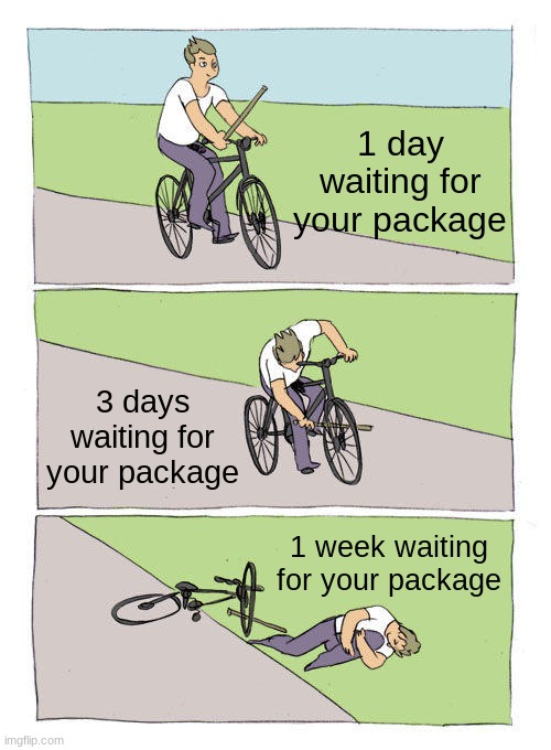 Bike Fall | 1 day waiting for your package; 3 days waiting for your package; 1 week waiting for your package | image tagged in memes,bike fall | made w/ Imgflip meme maker