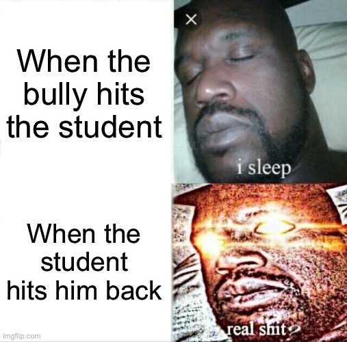 Teachers be like | When the bully hits the student; When the student hits him back | image tagged in memes,sleeping shaq | made w/ Imgflip meme maker