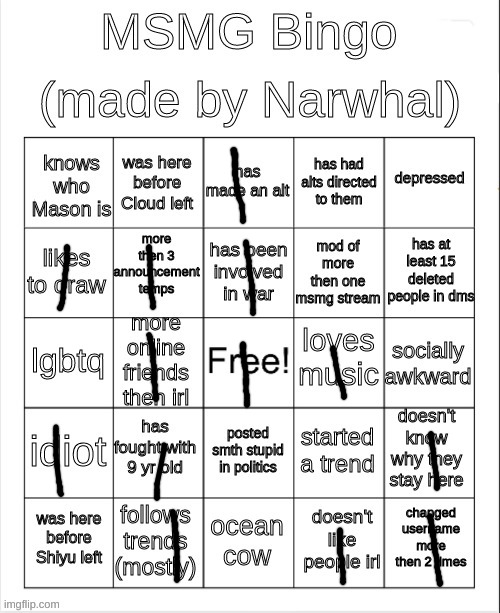 wait cloud/zizi left-- or wait uhmhdjsk i think this temp is old | image tagged in msmg bingo | made w/ Imgflip meme maker