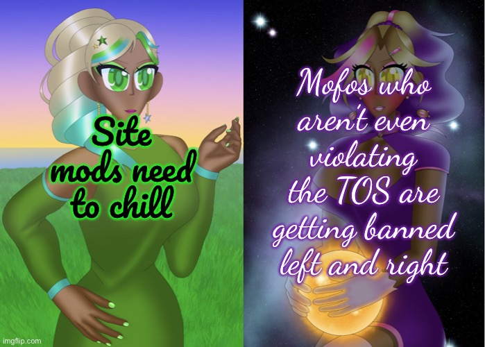 Hoshiko and Kashiko | Site mods need to chill; Mofos who aren’t even violating the TOS are getting banned left and right | image tagged in hoshiko and kashiko | made w/ Imgflip meme maker