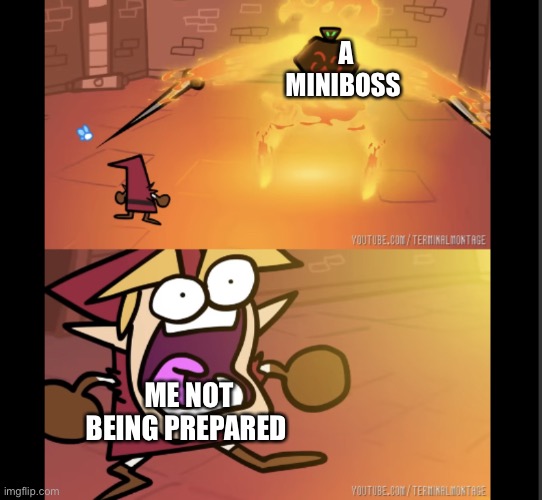 Oke I’m done with the terminalmontage meme wave | A MINIBOSS; ME NOT BEING PREPARED | image tagged in scared link | made w/ Imgflip meme maker