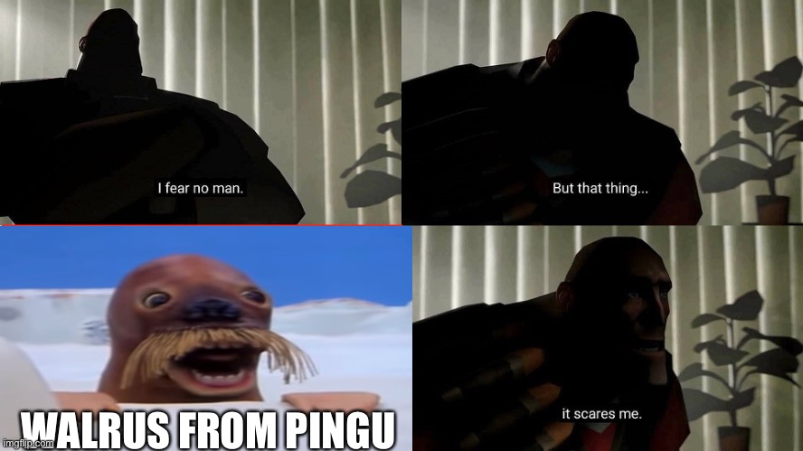 Scary walrus | WALRUS FROM PINGU | image tagged in tf2 heavy i fear no man,pingu,walrus,scary,childhood ruined | made w/ Imgflip meme maker