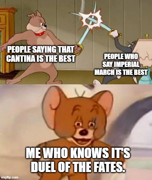 Very true | PEOPLE SAYING THAT CANTINA IS THE BEST; PEOPLE WHO SAY IMPERIAL MARCH IS THE BEST; ME WHO KNOWS IT'S DUEL OF THE FATES. | image tagged in tom and jerry swordfight | made w/ Imgflip meme maker