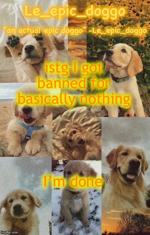 Doggo temp by doggo. Wait what that’s confusing | istg I got banned for basically nothing; I’m done | image tagged in doggo temp by doggo wait what that s confusing | made w/ Imgflip meme maker