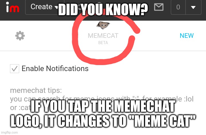 Meme Chat to Meme Cat( Artist's Note: the secrets must be kept ) | DID YOU KNOW? IF YOU TAP THE MEMECHAT LOGO, IT CHANGES TO "MEME CAT" | image tagged in memes,funny,imgflip | made w/ Imgflip meme maker