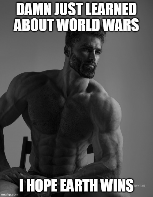 chad | DAMN JUST LEARNED ABOUT WORLD WARS; I HOPE EARTH WINS | image tagged in giga chad | made w/ Imgflip meme maker