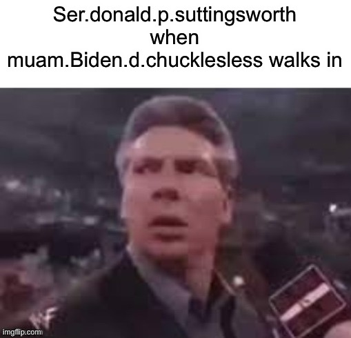 x when x walks in | Ser.donald.p.suttingsworth when muam.Biden.d.chucklesless walks in | image tagged in x when x walks in | made w/ Imgflip meme maker