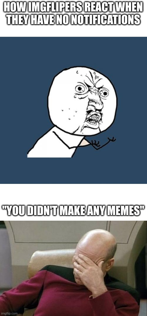 me all the time |  HOW IMGFLIPERS REACT WHEN THEY HAVE NO NOTIFICATIONS; "YOU DIDN'T MAKE ANY MEMES" | image tagged in memes,y u no,captain picard facepalm,long meme,never gonna give you up,never gonna let you down | made w/ Imgflip meme maker