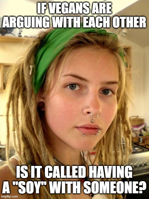 Vegan | IF VEGANS ARE ARGUING WITH EACH OTHER IS IT CALLED HAVING A "SOY" WITH SOMEONE? | image tagged in vegan | made w/ Imgflip meme maker