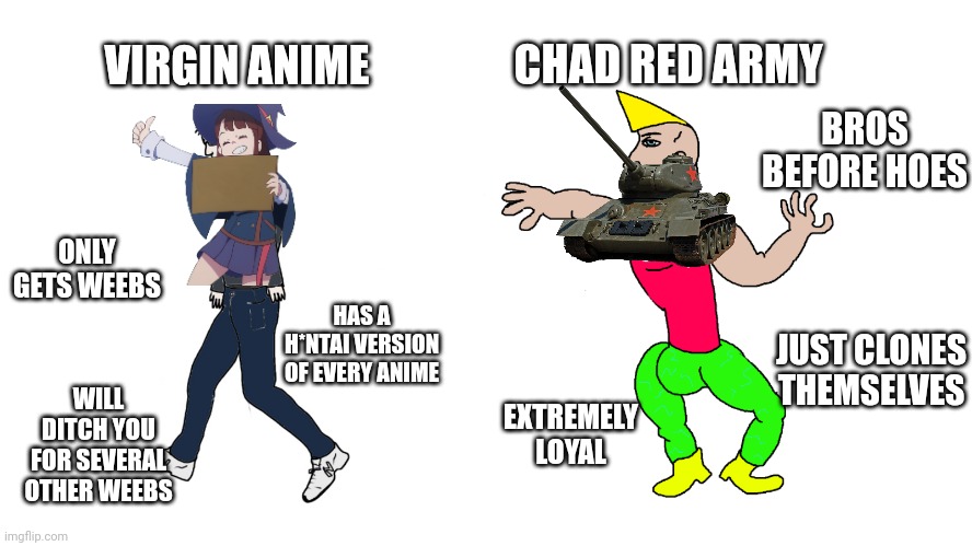 Chad Vs Virgin | CHAD RED ARMY; VIRGIN ANIME; BROS BEFORE HOES; ONLY GETS WEEBS; HAS A H*NTAI VERSION OF EVERY ANIME; JUST CLONES THEMSELVES; WILL DITCH YOU FOR SEVERAL OTHER WEEBS; EXTREMELY LOYAL | image tagged in chad vs virgin | made w/ Imgflip meme maker