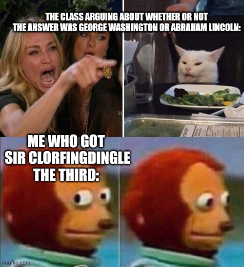 Sir Clorfingdingle the third | THE CLASS ARGUING ABOUT WHETHER OR NOT THE ANSWER WAS GEORGE WASHINGTON OR ABRAHAM LINCOLN:; ME WHO GOT  SIR CLORFINGDINGLE THE THIRD: | image tagged in angry lady cat,monkey looking away | made w/ Imgflip meme maker
