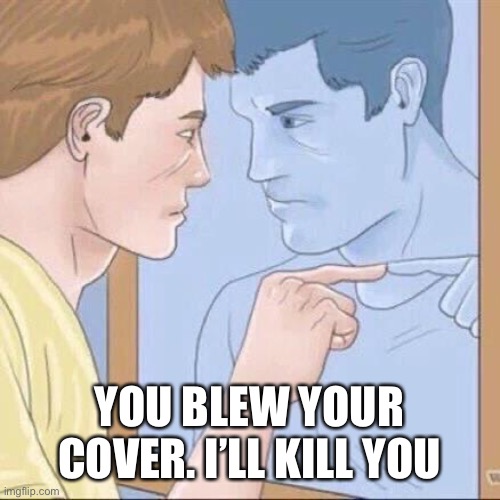 Pointing mirror guy | YOU BLEW YOUR COVER. I’LL KILL YOU | image tagged in pointing mirror guy | made w/ Imgflip meme maker