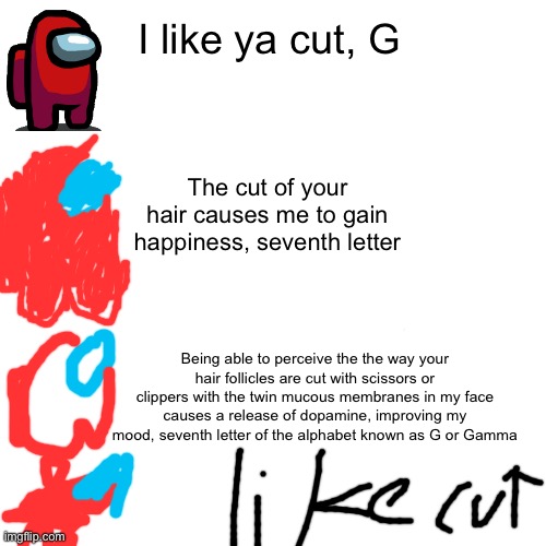 c | I like ya cut, G; The cut of your hair causes me to gain happiness, seventh letter; Being able to perceive the the way your hair follicles are cut with scissors or clippers with the twin mucous membranes in my face causes a release of dopamine, improving my mood, seventh letter of the alphabet known as G or Gamma | image tagged in memes,blank transparent square | made w/ Imgflip meme maker