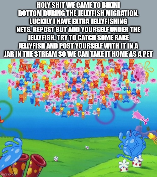 HOLY SHIT WE CAME TO BIKINI BOTTOM DURING THE JELLYFISH MIGRATION. LUCKILY I HAVE EXTRA JELLYFISHING NETS. REPOST BUT ADD YOURSELF UNDER THE JELLYFISH. TRY TO CATCH SOME RARE JELLYFISH AND POST YOURSELF WITH IT IN A JAR IN THE STREAM SO WE CAN TAKE IT HOME AS A PET | made w/ Imgflip meme maker