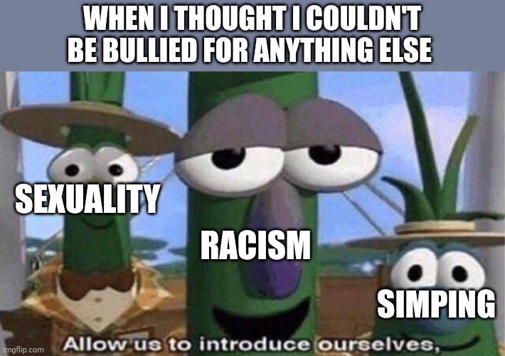 Allow us to introduce ourselves | WHEN I THOUGHT I COULDN'T BE BULLIED FOR ANYTHING ELSE; SEXUALITY; RACISM; SIMPING | image tagged in allow us to introduce ourselves | made w/ Imgflip meme maker