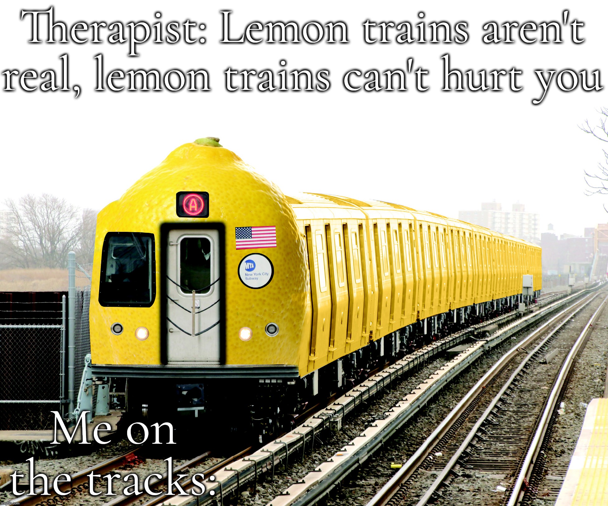 R179 Lemon | Therapist: Lemon trains aren't real, lemon trains can't hurt you Me on the tracks: | image tagged in r179 lemon | made w/ Imgflip meme maker