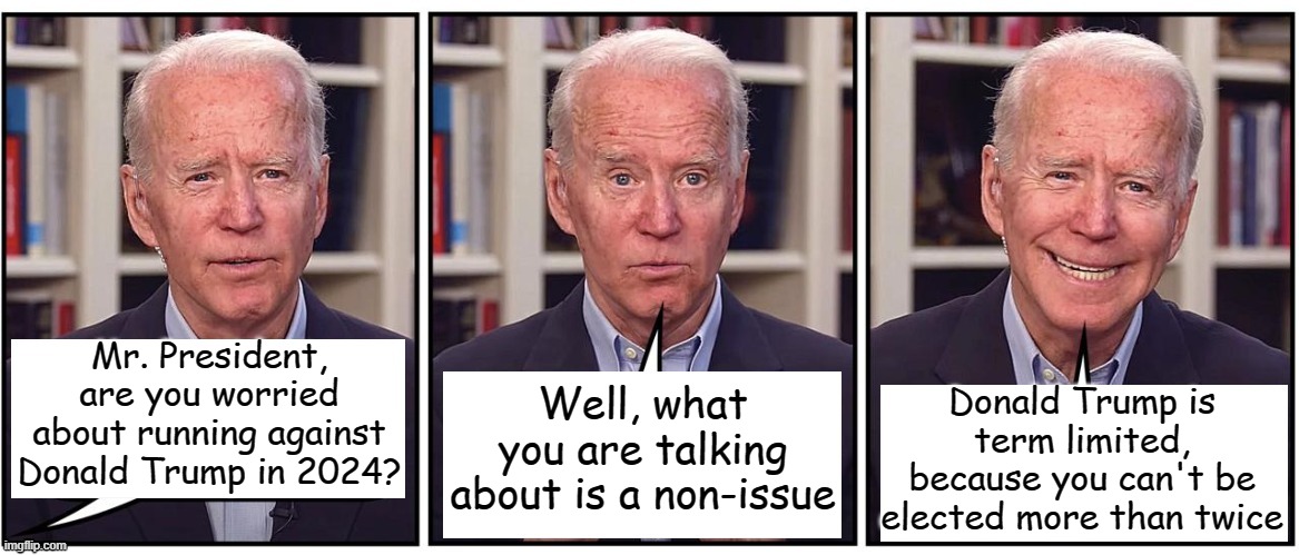 Welcome to "Just Ask Joe-The Easy Question Version" How do you become president without elections? | Donald Trump is term limited, because you can't be elected more than twice; Mr. President, are you worried about running against Donald Trump in 2024? Well, what you are talking about is a non-issue | image tagged in biden cartoon | made w/ Imgflip meme maker