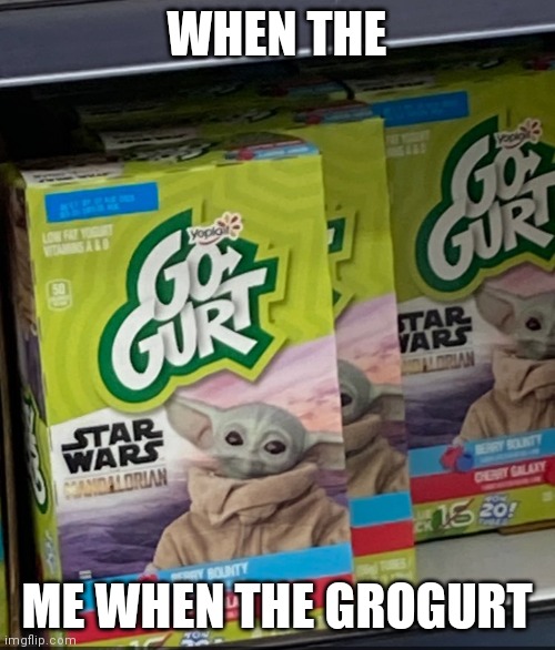 grogurt | WHEN THE; ME WHEN THE GROGURT | image tagged in grogu,star wars,baby yoda,memes,funny,funny memes | made w/ Imgflip meme maker