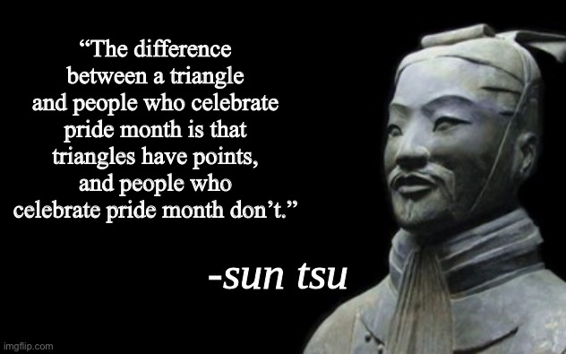 D | “The difference between a triangle and people who celebrate pride month is that triangles have points, and people who celebrate pride month don’t.” | image tagged in sun tsu fake quote | made w/ Imgflip meme maker