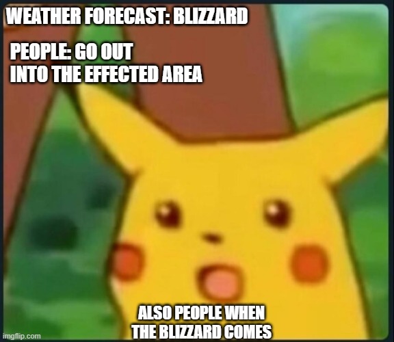 Some people are dumb | PEOPLE: GO OUT INTO THE EFFECTED AREA; WEATHER FORECAST: BLIZZARD; ALSO PEOPLE WHEN THE BLIZZARD COMES | image tagged in surprised pikachu | made w/ Imgflip meme maker