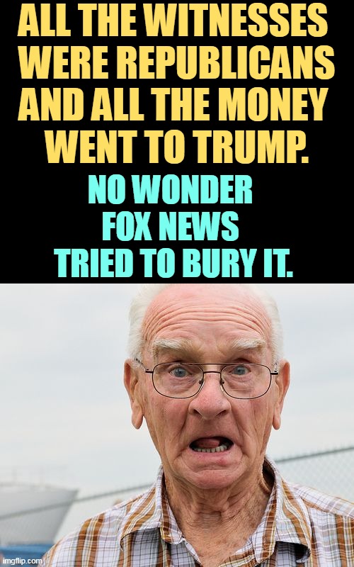 ALL THE WITNESSES 
WERE REPUBLICANS
AND ALL THE MONEY 
WENT TO TRUMP. NO WONDER 
FOX NEWS 
TRIED TO BURY IT. | image tagged in witnesses,republican,trump,greed | made w/ Imgflip meme maker