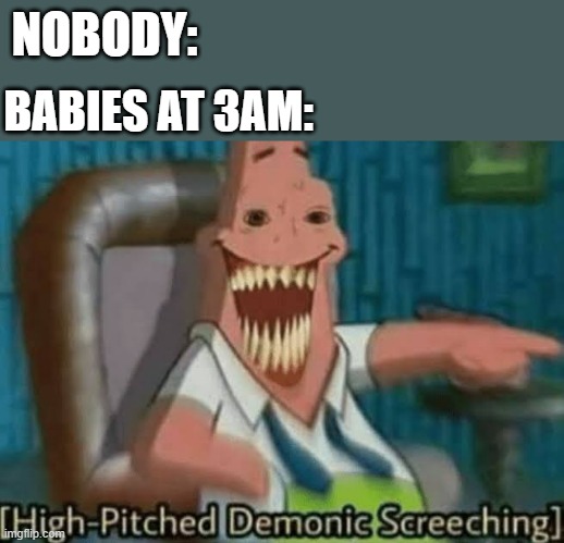 High-Pitched Demonic Screeching | NOBODY:; BABIES AT 3AM: | image tagged in high-pitched demonic screeching | made w/ Imgflip meme maker
