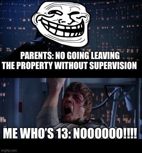 Star Wars No |  PARENTS: NO GOING LEAVING THE PROPERTY WITHOUT SUPERVISION; ME WHO’S 13: NOOOOOO!!!! | image tagged in memes,star wars no,troll face,noooooooooooooooooooooooo | made w/ Imgflip meme maker
