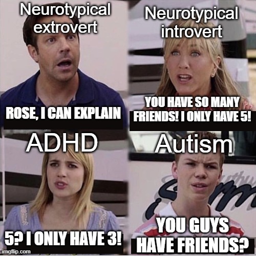 Autism meme | Neurotypical extrovert; Neurotypical introvert; YOU HAVE SO MANY FRIENDS! I ONLY HAVE 5! ROSE, I CAN EXPLAIN; Autism; ADHD; YOU GUYS HAVE FRIENDS? 5? I ONLY HAVE 3! | image tagged in you guys are getting paid template | made w/ Imgflip meme maker