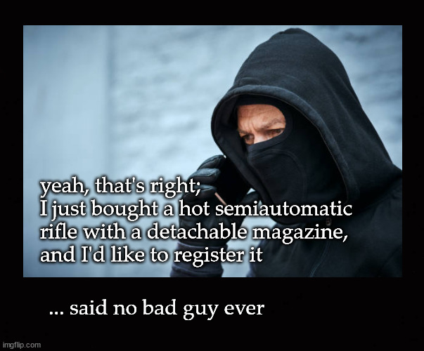 I just bought a hot semiautomatic rifle ... | yeah, that's right; 
I just bought a hot semiautomatic
rifle with a detachable magazine, 
and I'd like to register it; ... said no bad guy ever | image tagged in gun control,ar15 | made w/ Imgflip meme maker