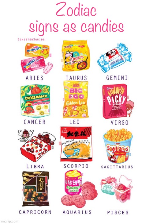 Comment what you got (HAIL YEAH I GOT POCKY) | Zodiac signs as candies | image tagged in zodiac signs,candy,zodiac,why are you reading this | made w/ Imgflip meme maker