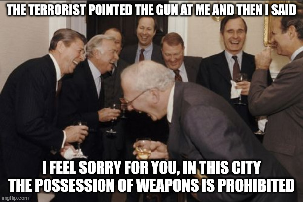 If you die make this joke in the afterlife. |  THE TERRORIST POINTED THE GUN AT ME AND THEN I SAID; I FEEL SORRY FOR YOU, IN THIS CITY THE POSSESSION OF WEAPONS IS PROHIBITED | image tagged in memes,laughing men in suits,gun laws,2nd amendment,politics,funny | made w/ Imgflip meme maker