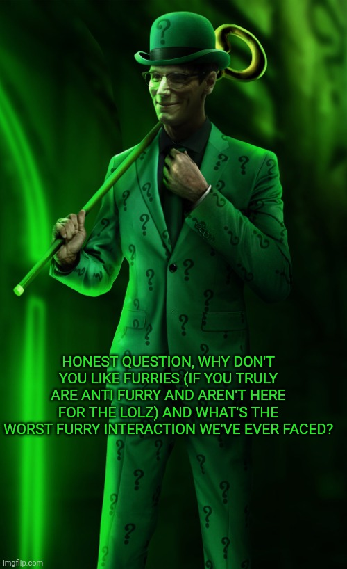 Riddle me this? Batman!!!! | HONEST QUESTION, WHY DON'T YOU LIKE FURRIES (IF YOU TRULY ARE ANTI FURRY AND AREN'T HERE FOR THE LOLZ) AND WHAT'S THE WORST FURRY INTERACTION WE'VE EVER FACED? | image tagged in riddle me this batman,honest question,anti furry | made w/ Imgflip meme maker