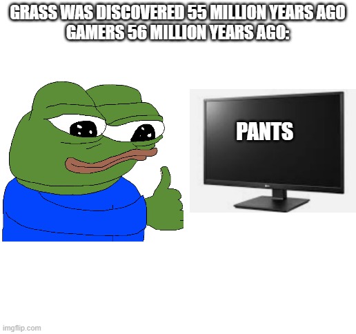 Blank White Template |  GRASS WAS DISCOVERED 55 MILLION YEARS AGO
GAMERS 56 MILLION YEARS AGO:; PANTS | image tagged in blank white template | made w/ Imgflip meme maker