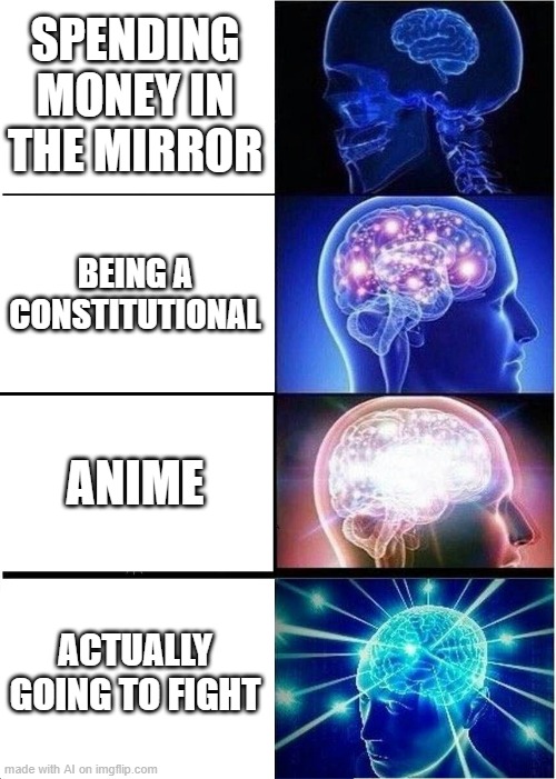 AI meme: Is this how Japan sees the stages of American history? | SPENDING MONEY IN THE MIRROR; BEING A CONSTITUTIONAL; ANIME; ACTUALLY GOING TO FIGHT | image tagged in memes,expanding brain,constitution,anime,fight,ai meme | made w/ Imgflip meme maker