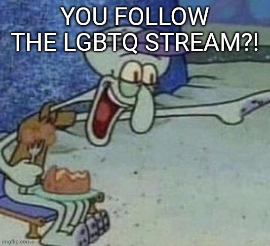 Squidward Point and Laugh | YOU FOLLOW THE LGBTQ STREAM?! | image tagged in squidward point and laugh | made w/ Imgflip meme maker