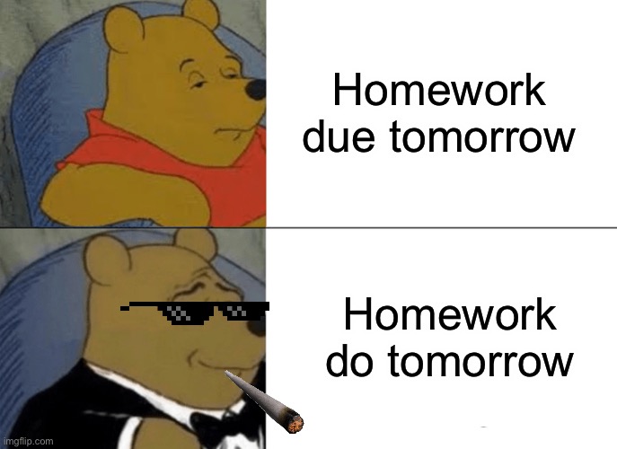 This is what you call the smartest idea ever | Homework due tomorrow; Homework do tomorrow | image tagged in memes,tuxedo winnie the pooh | made w/ Imgflip meme maker