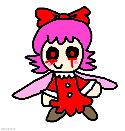 Ribbon became possessed (NOTE: There's blood coming out of her eyes) | image tagged in kirby,creepypasta,cute,fanart,scary,artwork | made w/ Imgflip meme maker