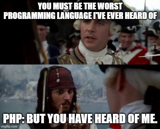 Worst Pirate | YOU MUST BE THE WORST PROGRAMMING LANGUAGE I'VE EVER HEARD OF; PHP: BUT YOU HAVE HEARD OF ME. | image tagged in worst pirate | made w/ Imgflip meme maker